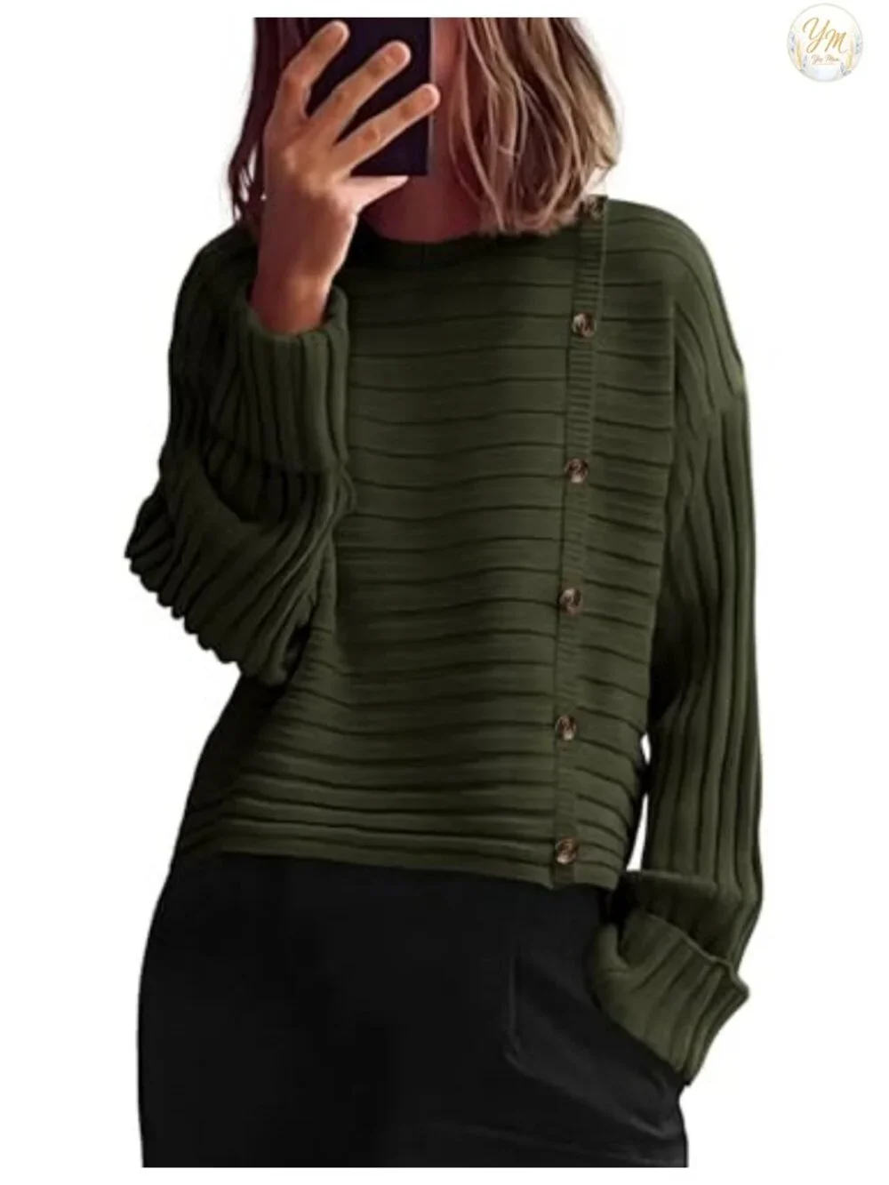 Womens Asymmetric Knit Pullover Sweater Long Sleeve Button Fall Winter